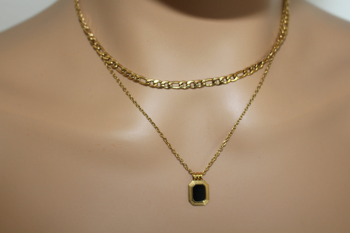 Layered Necklace with Black Onyx Pendant